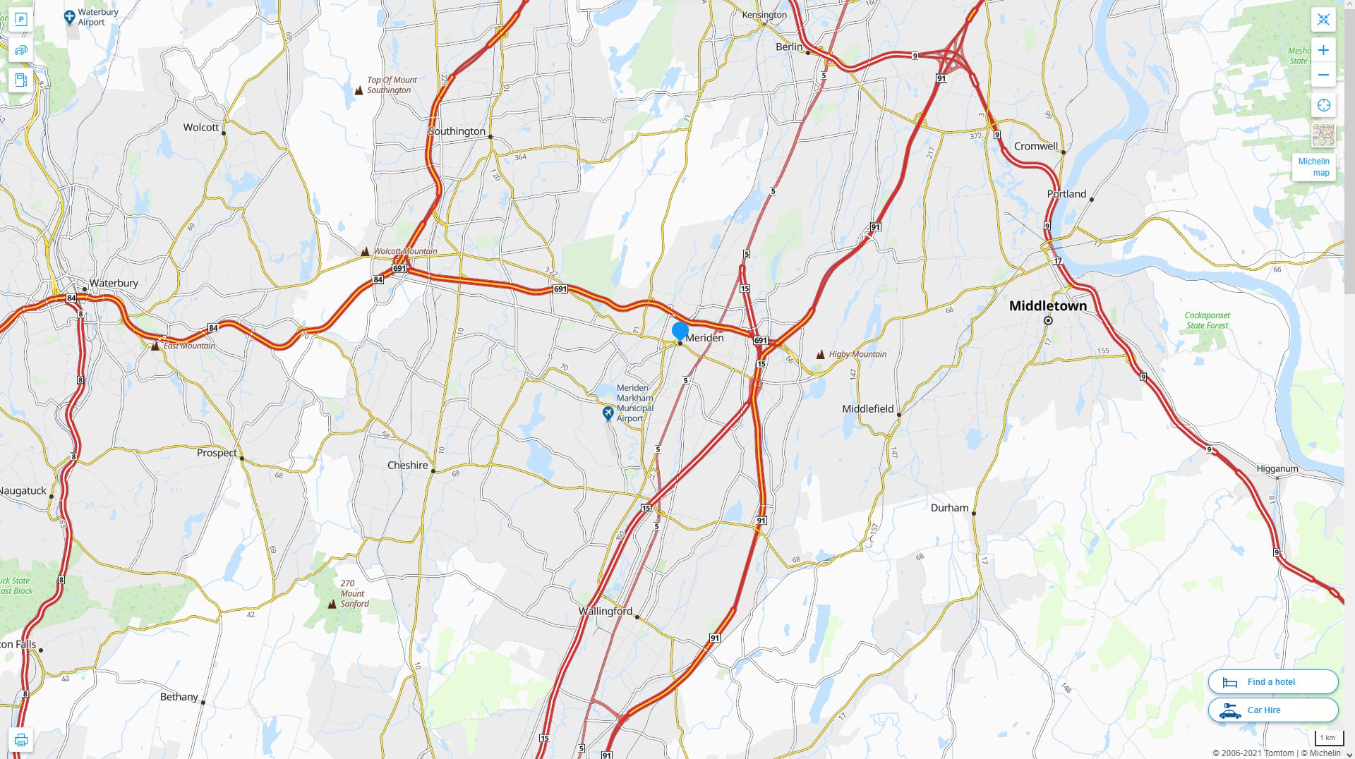 Meriden Connecticut Highway and Road Map